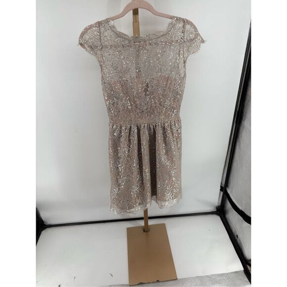 Aidan Mattox Metallic Lace Short Dress Size 2 Silver Blush Pockets Evening - Picture 9 of 12